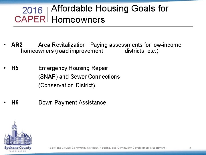 2016 Affordable Housing Goals for CAPER Homeowners • AR 2 Area Revitalization Paying assessments