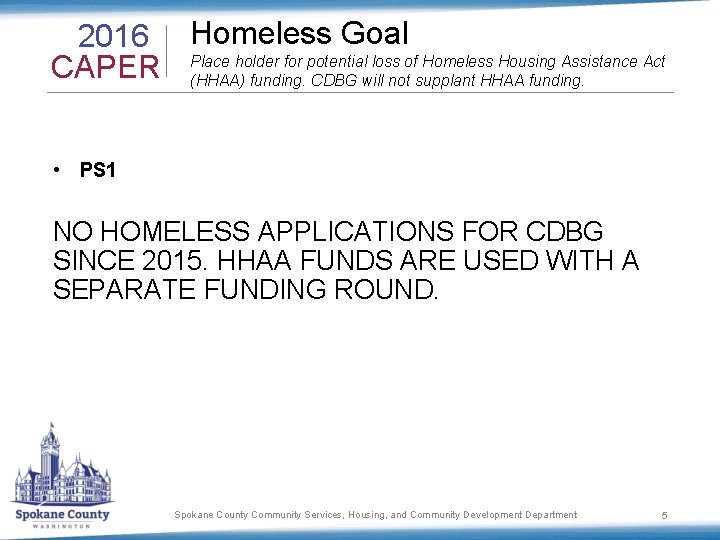 2016 Homeless Goal holder for potential loss of Homeless Housing Assistance Act CAPER Place