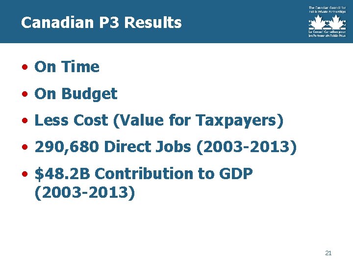 Canadian P 3 Results • On Time • On Budget • Less Cost (Value