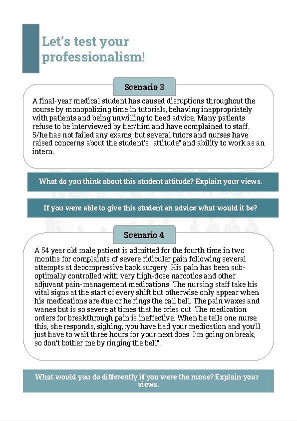 Let’s test your professionalism! Scenario 3 A final-year medical student has caused disruptions throughout