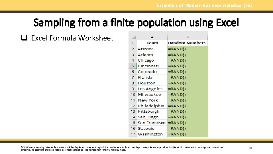 Essentials of Modern Business Statistics (7 e) Sampling from a finite population using Excel