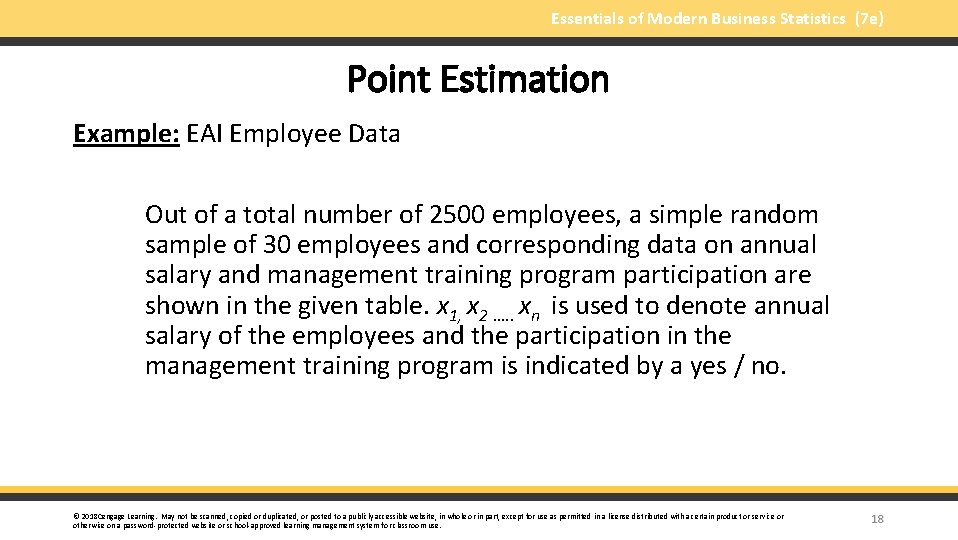 Essentials of Modern Business Statistics (7 e) Point Estimation Example: EAI Employee Data Out