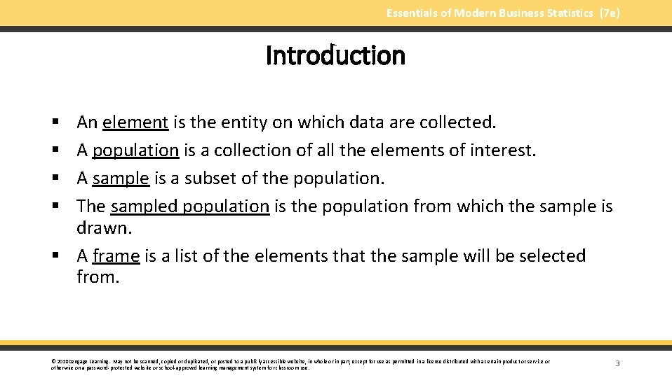 Essentials of Modern Business Statistics (7 e) Introduction An element is the entity on
