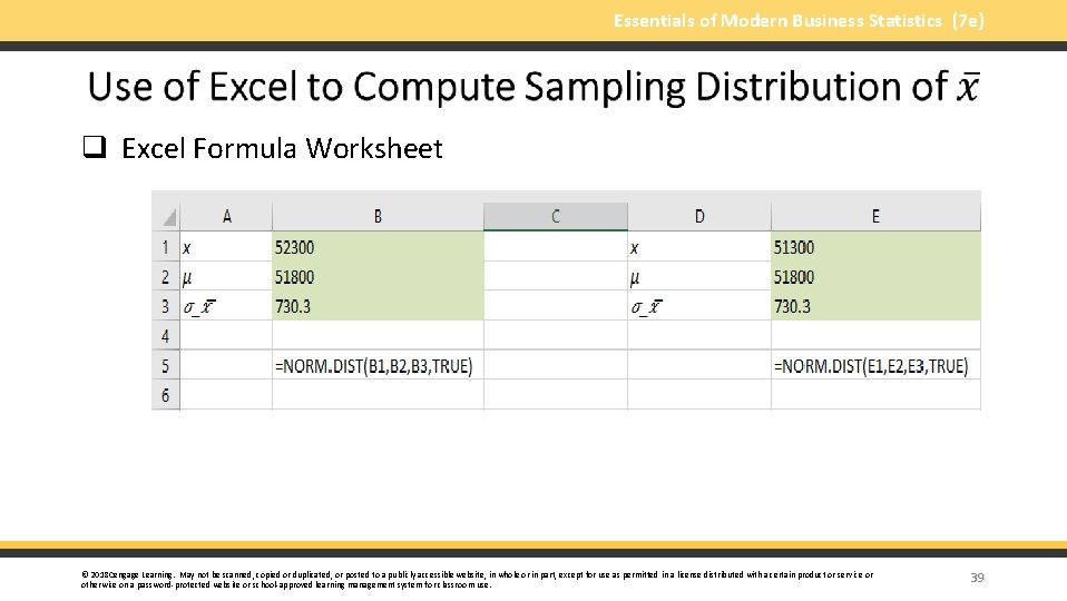 Essentials of Modern Business Statistics (7 e) q Excel Formula Worksheet © 2018 Cengage