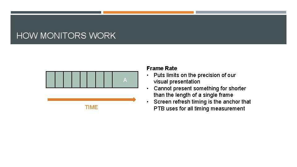 HOW MONITORS WORK A A A A A TIME Frame Rate • Puts limits