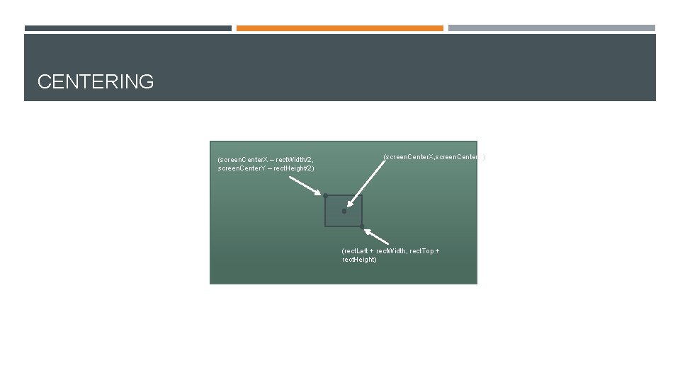 CENTERING (screen. Center. X – rect. Width/2, screen. Center. Y – rect. Height/2) (screen.