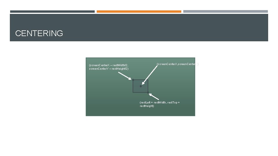 CENTERING (screen. Center. X – rect. Width/2, screen. Center. Y – rect. Height/2) (screen.