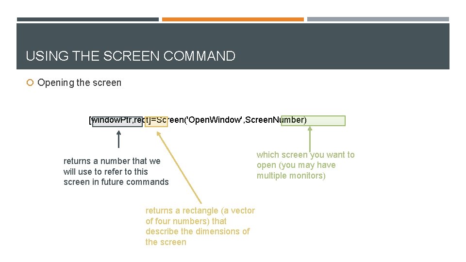 USING THE SCREEN COMMAND Opening the screen [window. Ptr, rect]=Screen('Open. Window', Screen. Number) returns