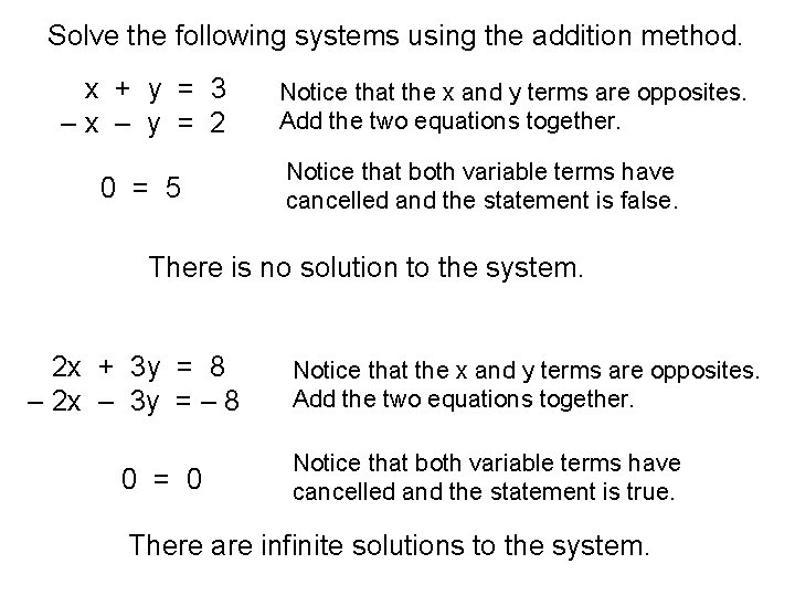 Solve the following systems using the addition method. x + y = 3 –x Solve the following systems using the addition method. x + y = 3 –x