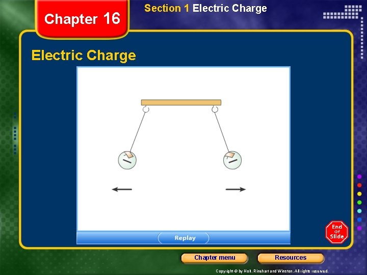 Chapter 16 Section 1 Electric Charge Chapter menu Resources Copyright © by Holt, Rinehart