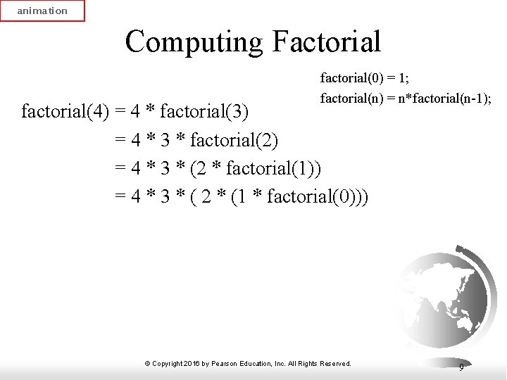 animation Computing Factorial factorial(0) = 1; factorial(n) = n*factorial(n-1); factorial(4) = 4 * factorial(3)