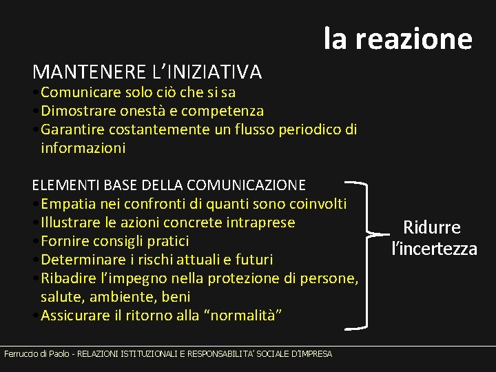 la reazione MANTENERE L’INIZIATIVA • Comunicare solo ciò che si sa • Dimostrare onestà