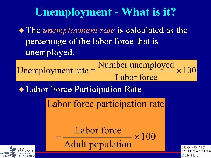 Unemployment - What is it? ¨ The unemployment rate is calculated as the percentage