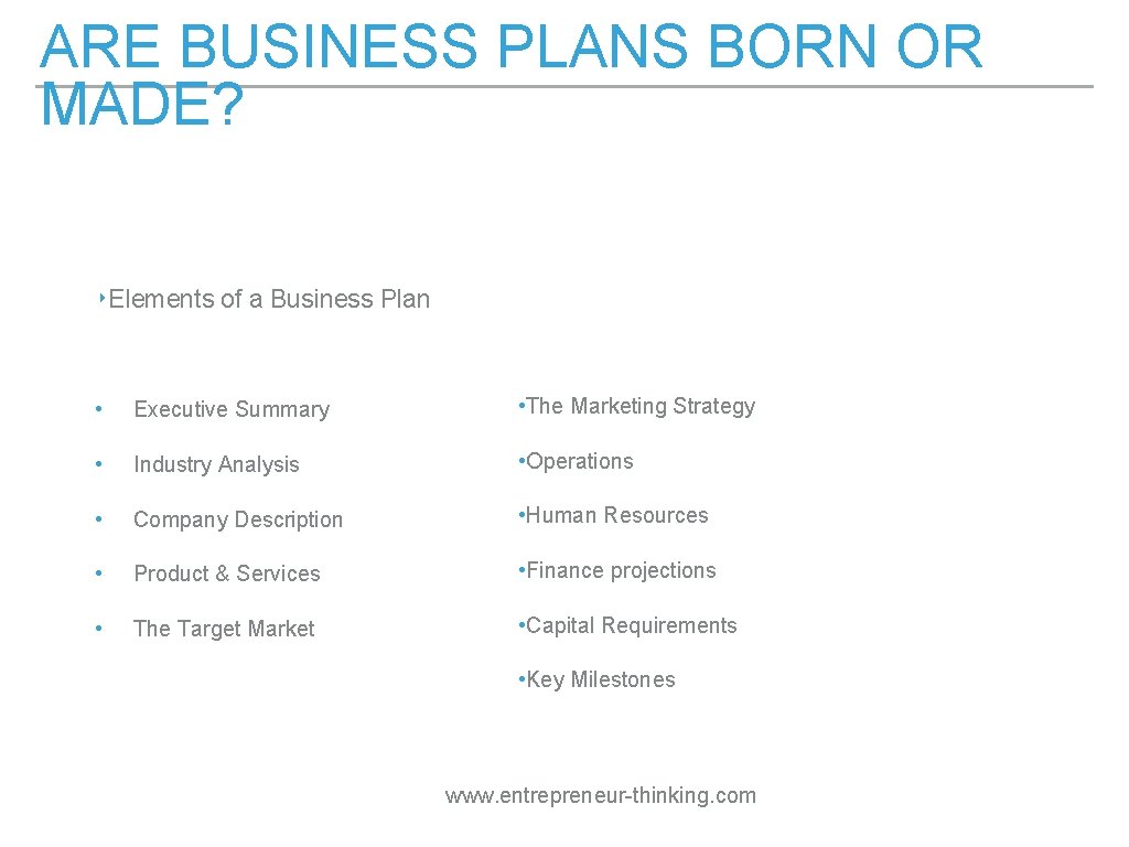 ARE BUSINESS PLANS BORN OR MADE? ‣Elements of a Business Plan • Executive Summary