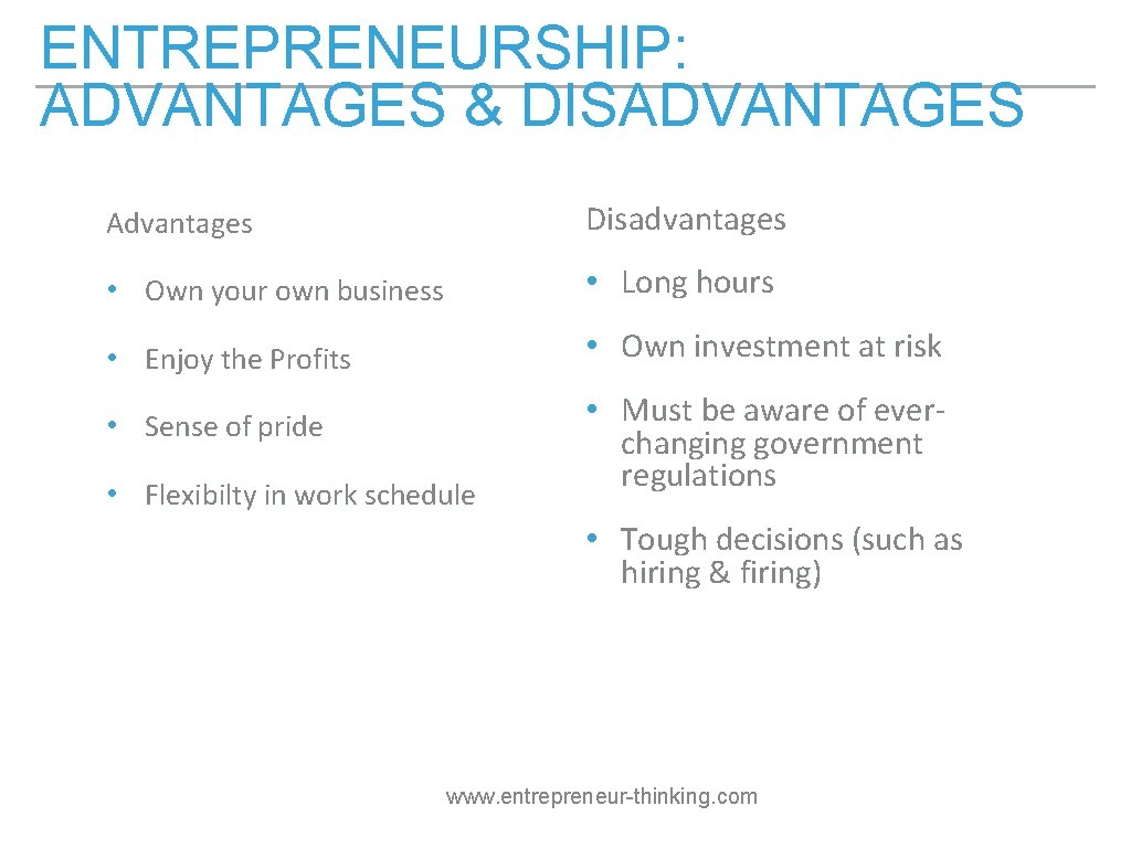 ENTREPRENEURSHIP: ADVANTAGES & DISADVANTAGES Advantages Disadvantages • Own your own business • Long hours