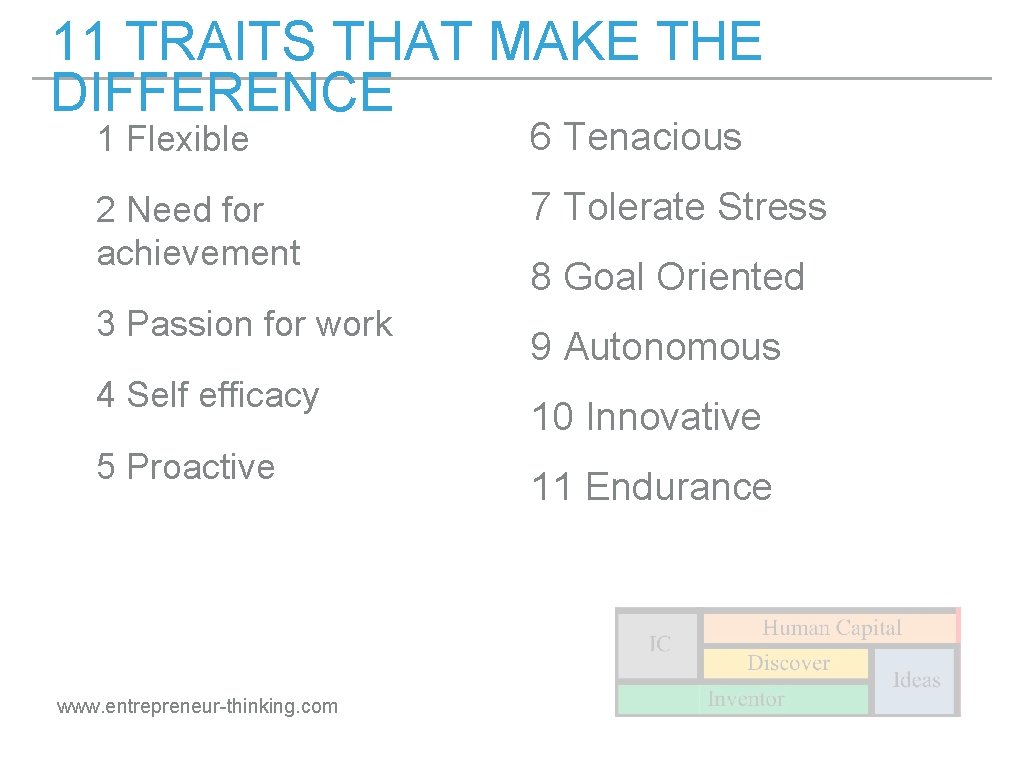 11 TRAITS THAT MAKE THE DIFFERENCE 1 Flexible 6 Tenacious 2 Need for achievement