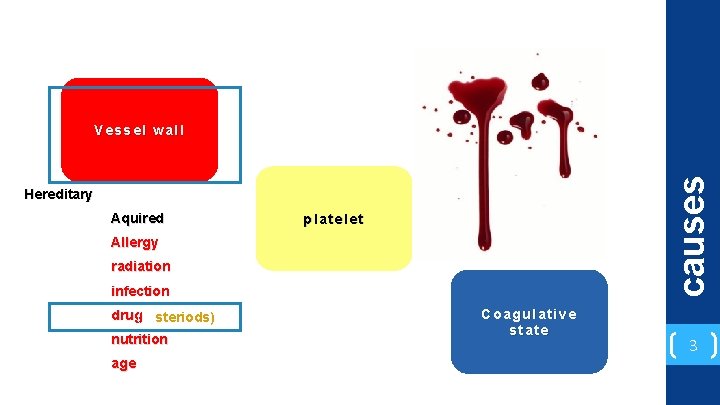 causes Vessel wall Hereditary Aquired platelet Allergy radiation infection drug( ()steriods) nutrition age Coagulative