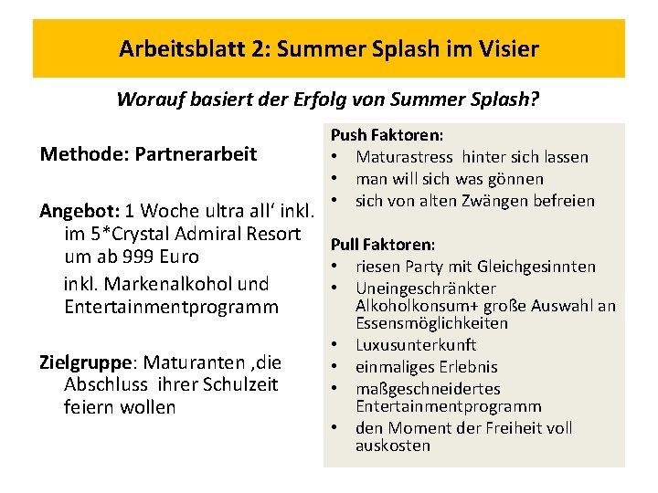 Arbeitsblatt 2: Summer Splash im Visier Worauf basiert der Erfolg von Summer Splash? Methode: