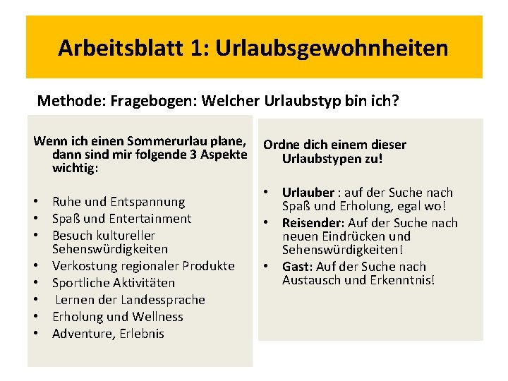 Arbeitsblatt 1: Urlaubsgewohnheiten Methode: Fragebogen: Welcher Urlaubstyp bin ich? Wenn ich einen Sommerurlau plane,