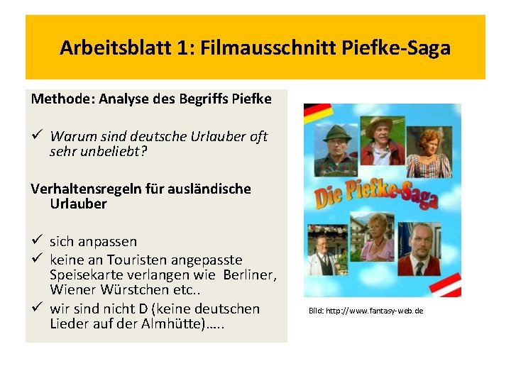 Arbeitsblatt 1: Filmausschnitt Piefke-Saga Methode: Analyse des Begriffs Piefke ü Warum sind deutsche Urlauber