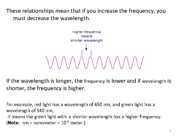 These relationships mean that if you increase the frequency, you must decrease the wavelength.