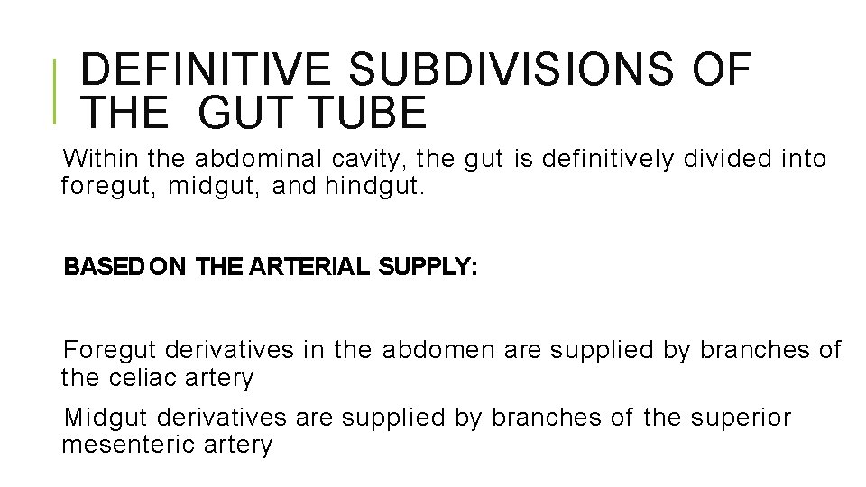 DEFINITIVE SUBDIVISIONS OF THE GUT TUBE Within the abdominal cavity, the gut is definitively