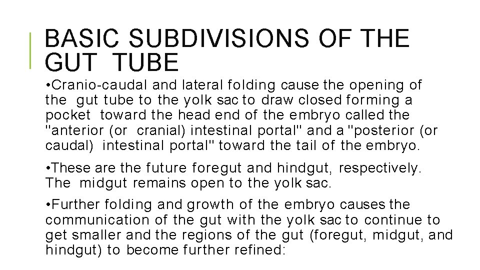 BASIC SUBDIVISIONS OF THE GUT TUBE • Cranio-caudal and lateral folding cause the opening