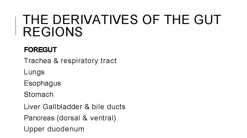 THE DERIVATIVES OF THE GUT REGIONS FOREGUT Trachea & respiratory tract Lungs Esophagus Stomach