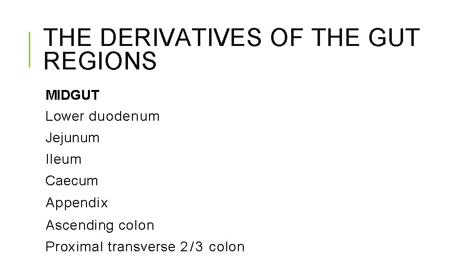 THE DERIVATIVES OF THE GUT REGIONS MIDGUT Lower duodenum Jejunum Ileum Caecum Appendix Ascending