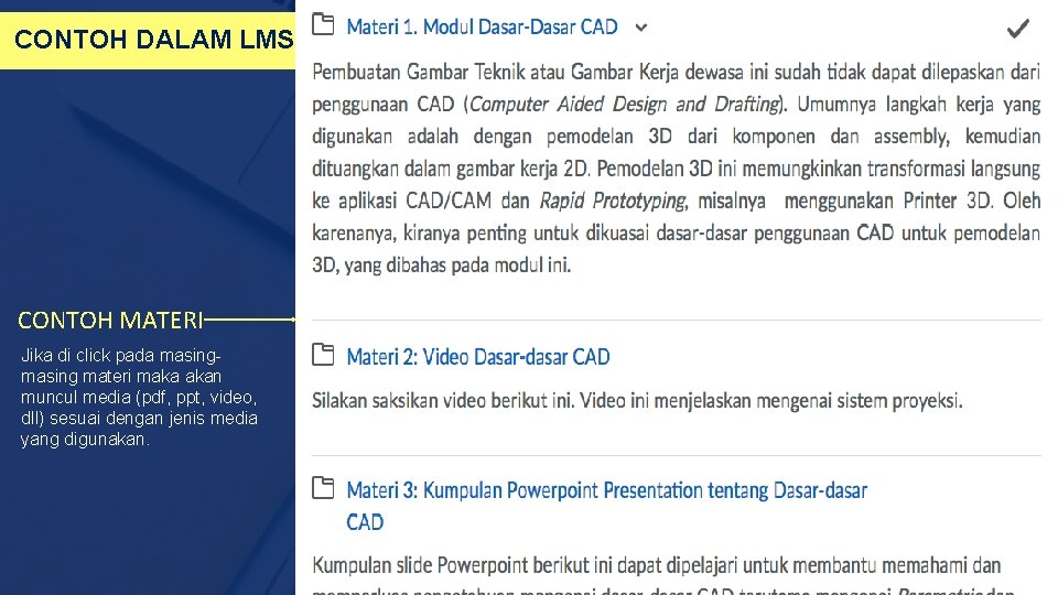 CONTOH DALAM LMS CONTOH MATERI Jika di click pada masing materi maka akan muncul