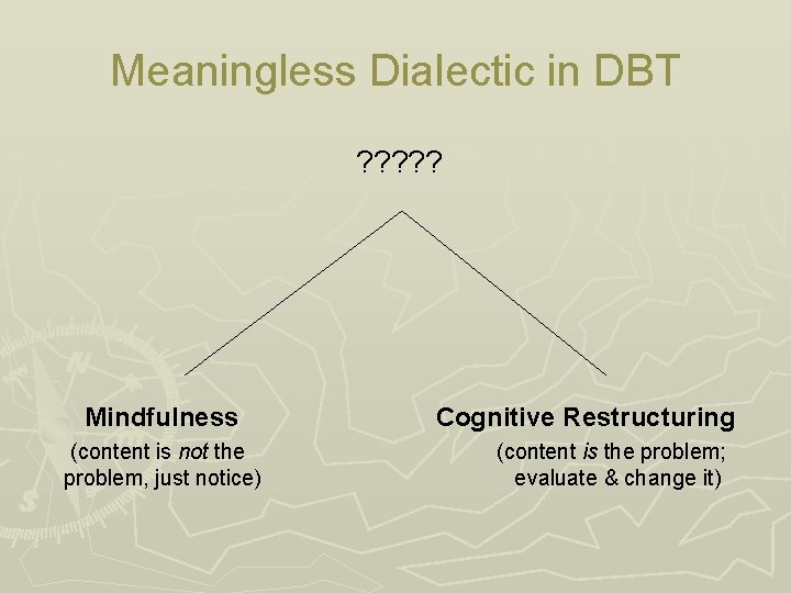 Meaningless Dialectic in DBT ? ? ? Mindfulness (content is not the problem, just