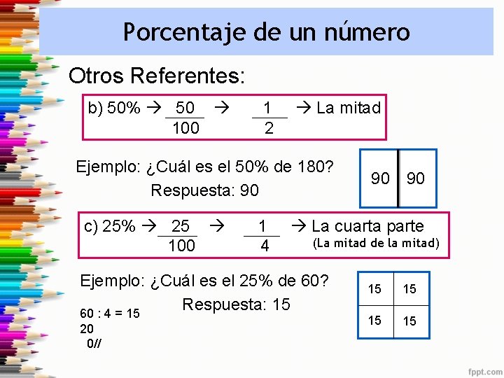 Porcentaje de un número Otros Referentes: b) 50% 50 100 1 2 La mitad