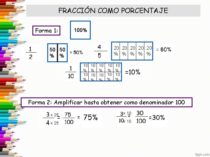 FRACCIÓN COMO PORCENTAJE Forma 1: 100% 20 20 20 % % % 50 50