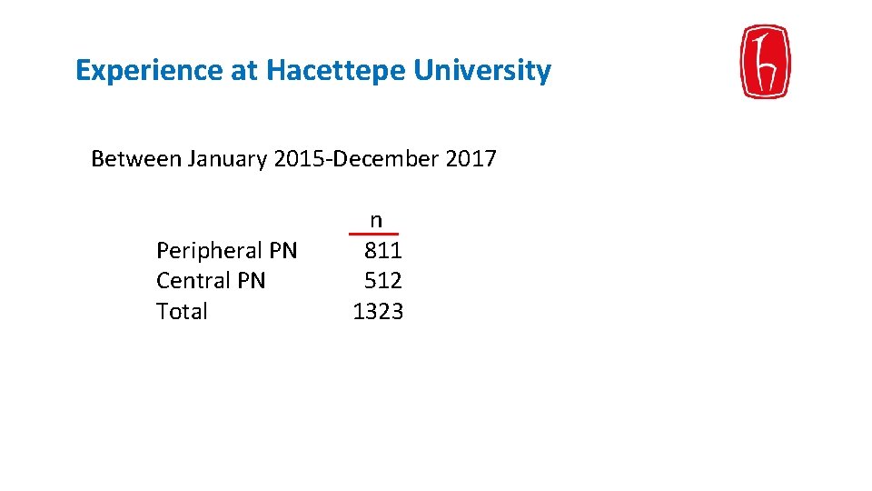 Experience at Hacettepe University Between January 2015 -December 2017 Peripheral PN Central PN Total Experience at Hacettepe University Between January 2015 -December 2017 Peripheral PN Central PN Total
