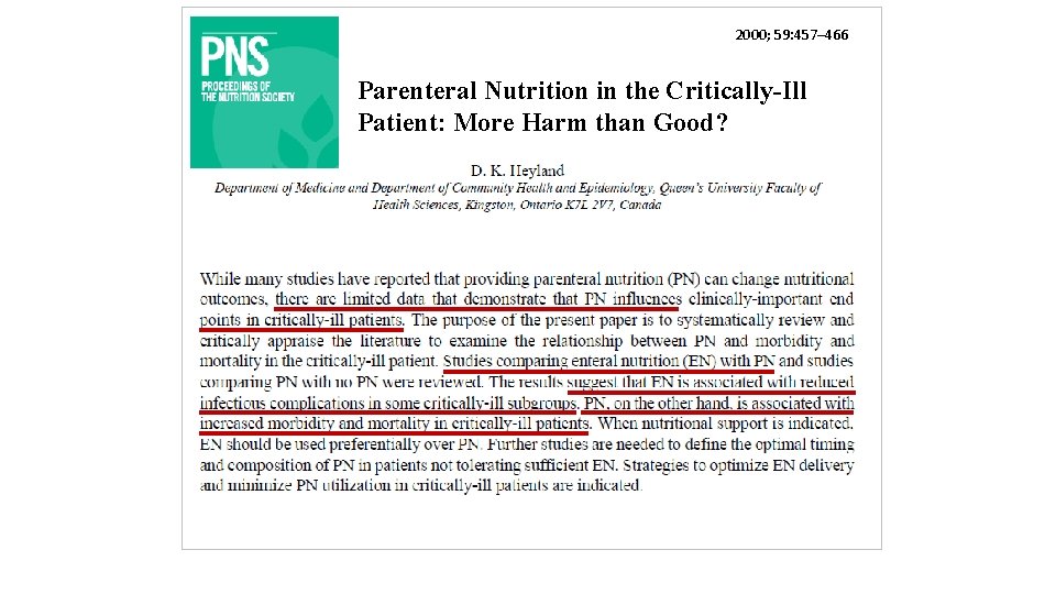 2000; 59: 457‒ 466 Parenteral Nutrition in the Critically-Ill Patient: More Harm than Good?