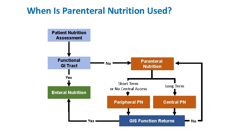 When Is Parenteral Nutrition Used? Patient Nutrition Assessment Functional GI Tract No Parenteral Nutrition