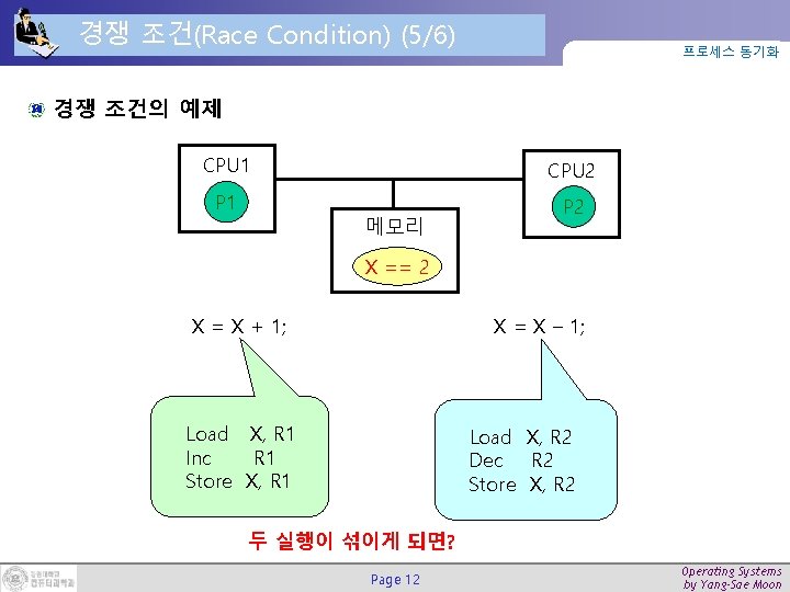 경쟁 조건(Race Condition) (5/6) 프로세스 동기화 경쟁 조건의 예제 CPU 1 CPU 2 P