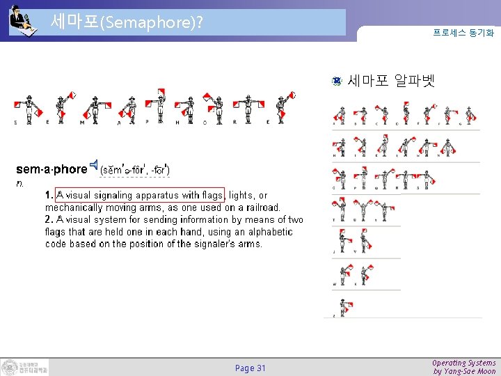 세마포(Semaphore)? 프로세스 동기화 세마포 알파벳 Page 31 Operating Systems by Yang-Sae Moon 