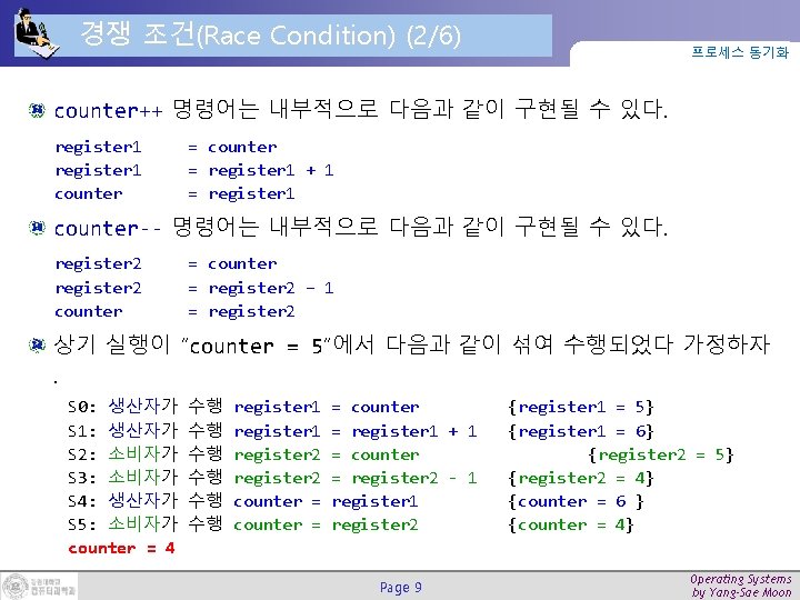경쟁 조건(Race Condition) (2/6) 프로세스 동기화 counter++ 명령어는 내부적으로 다음과 같이 구현될 수 있다.