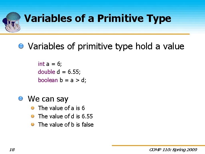 Variables of a Primitive Type Variables of primitive type hold a value int a