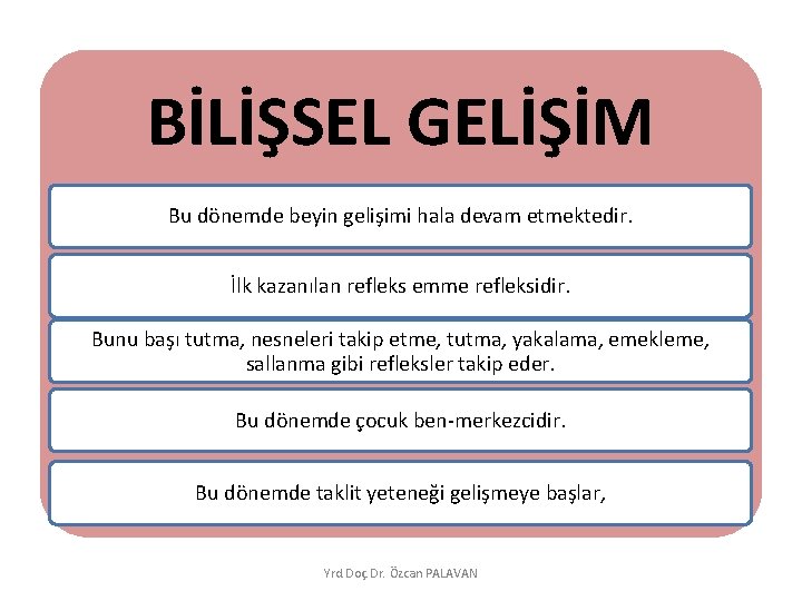 BİLİŞSEL GELİŞİM Bu dönemde beyin gelişimi hala devam etmektedir. İlk kazanılan refleks emme refleksidir.