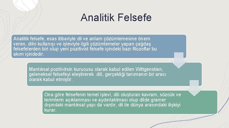 Analitik Felsefe Analitik felsefe, esas itibariyle dil ve anlam çözümlemesine önem veren, dilin kullanışı