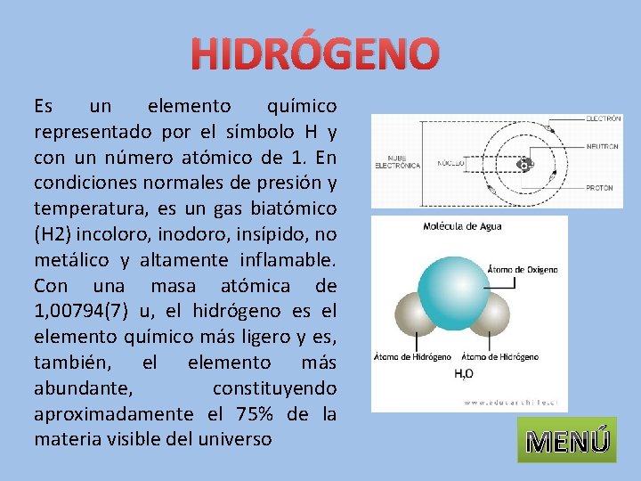 HIDRÓGENO Es un elemento químico representado por el símbolo H y con un número