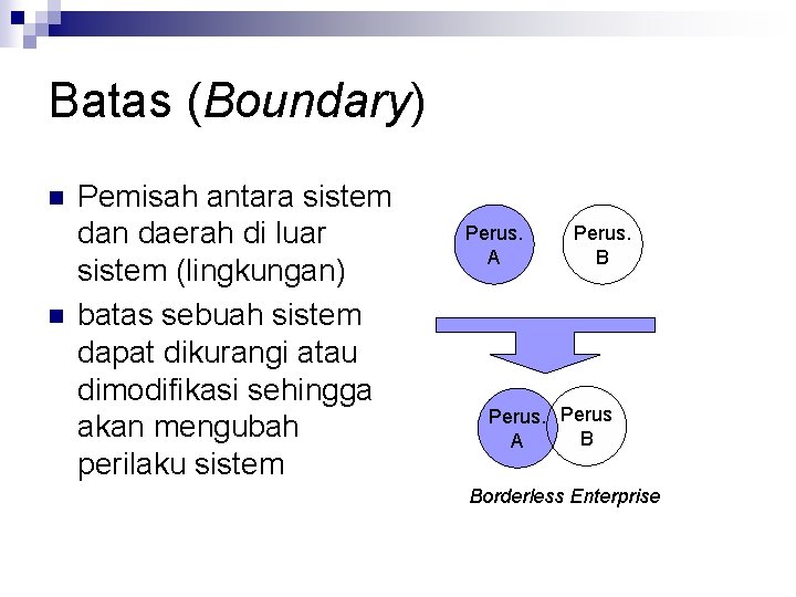 Batas (Boundary) n n Pemisah antara sistem dan daerah di luar sistem (lingkungan) batas