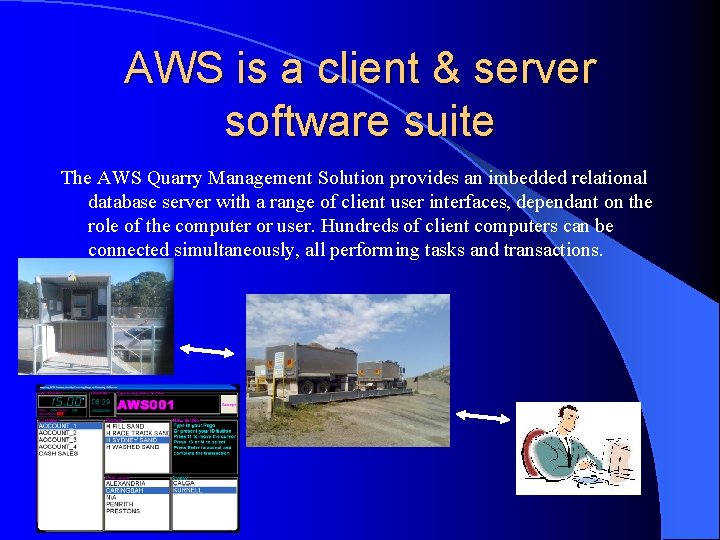 AWS is a client & server software suite The AWS Quarry Management Solution provides