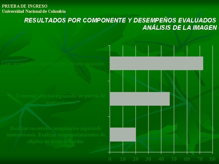 PRUEBA DE INGRESO Universidad Nacional de Colombia RESULTADOS POR COMPONENTE Y DESEMPEÑOS EVALUADOS ANÁLISIS