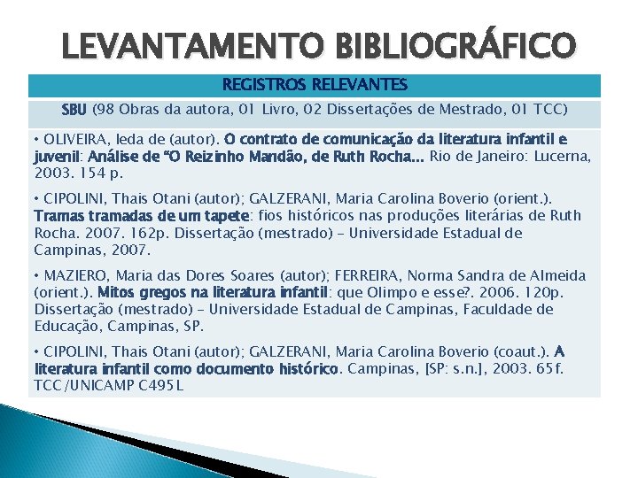 LEVANTAMENTO BIBLIOGRÁFICO REGISTROS RELEVANTES SBU (98 Obras da autora, 01 Livro, 02 Dissertações de