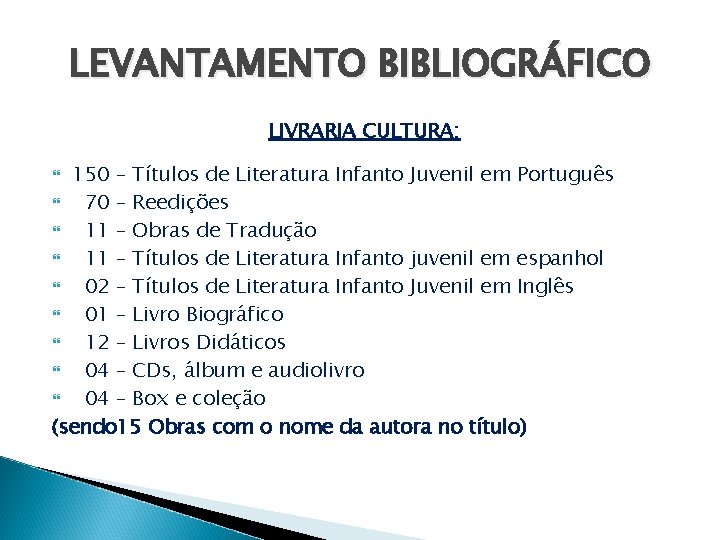 LEVANTAMENTO BIBLIOGRÁFICO LIVRARIA CULTURA: 150 – Títulos de Literatura Infanto Juvenil em Português 70