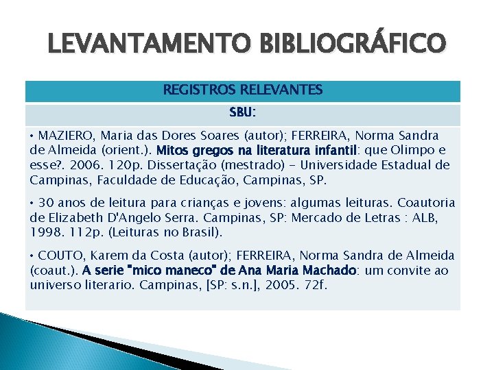 LEVANTAMENTO BIBLIOGRÁFICO REGISTROS RELEVANTES SBU: • MAZIERO, Maria das Dores Soares (autor); FERREIRA, Norma