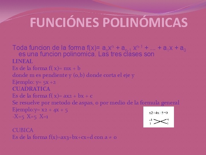 FUNCIÓNES POLINÓMICAS Toda funcion de la forma f(x)= anxn + an-1 xn-1 +. .